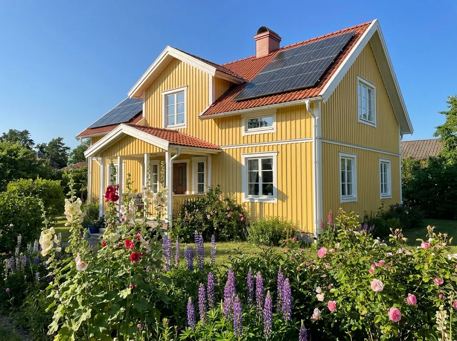 Svensk villa med solpaneler på taket